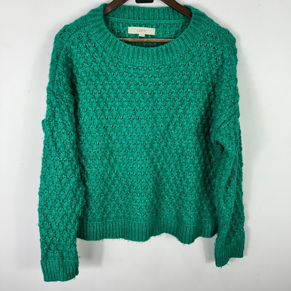 LOFT Chunky Green Pullover Sweater Large Textured‎ Popcorn Knit Forest Fairy